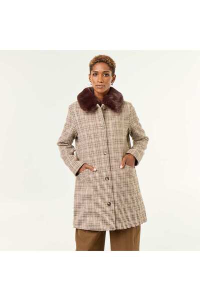 KIABI Houndstooth Coat With Faux Fur Collar Brown