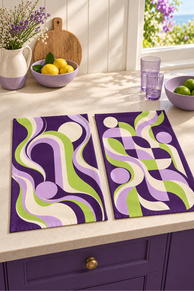milbaygrup Violet Groove Geometric Wave Patterned 2-Piece Kitchen Towel Set 35X55