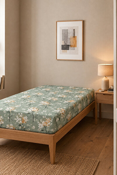 mihriban Single Cotton Bed Sheet Non-Elastic Green Floral (Sheet Only)