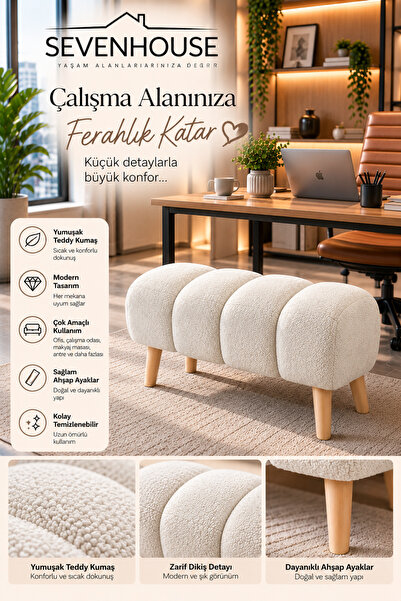 SevenHouse CLOUDY Puf Ahşap Ayaklı Teddy Kumaş Kaplı Dekoratif Yumuşak Puf Be...