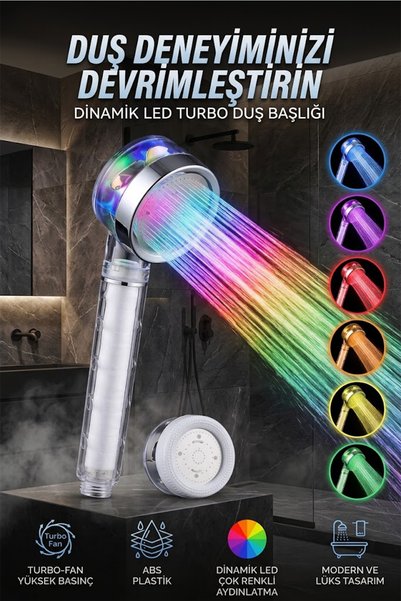 banyonatural LED'li Filtreli Yüksek Basınçlı Turbo Pervaneli Duş Başlığı - Su...