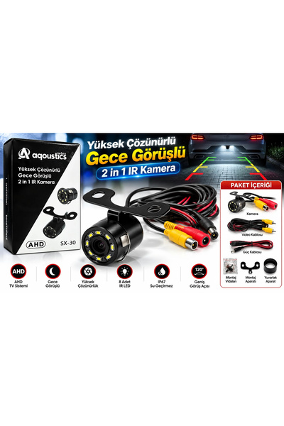 AQOUSTİCS Park Kamerası - SX-30 AHD 2 in 1 IR LED Gece Görüşlü Araç Geri Görüş ve Park Kamerası