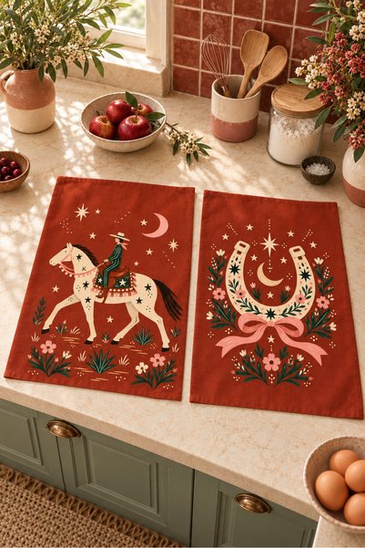 milbaygrup Celestial Horse At ve Nal Desenli 2'li Mutfak Havlusu Seti 35x55