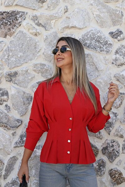 bytugcekaya Kırmızı Gold Düğmeli Pilili Gömlek