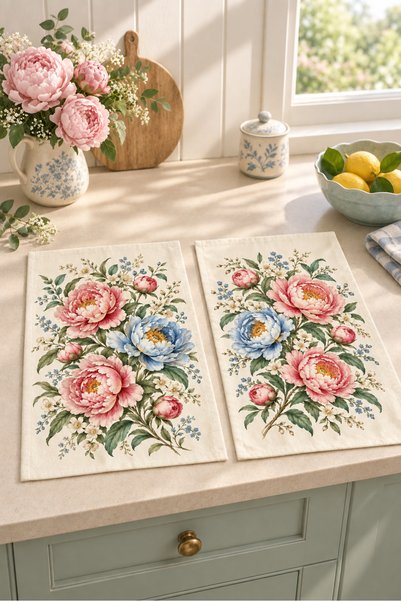 milbaygrup Rose Sonata Pink Blue Floral Patterned 2-Piece Kitchen Towel Set 35X55