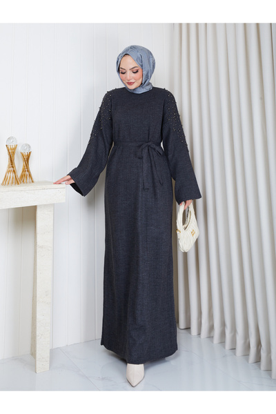 EFSUN MODA فستان نسائي كبير الحجم مزين باللؤلؤ وتفاصيل تريكو