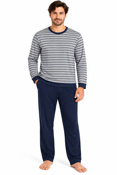 YUYİ Pijapi̇a Soft Textured Fabric Crew Neck Long Sleeve Men's Pajama Set