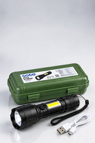 Polis LED El Feneri USB Şarjlı Yan COB LEDli 3 Modlu Taşıma Kutulu
