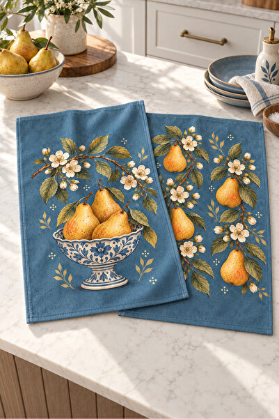 Evmila Pear Atelier Pear and Flower Patterned 2-Piece Kitchen Towel Set 35X55