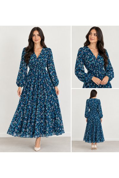 Generic Brand Rochie Dama Eleganta Bleumarin cu Imprimeu Floral, Decolteu V, ...