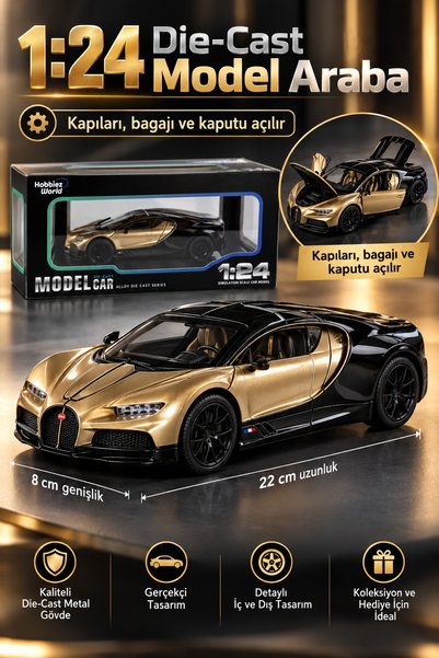PONİKİDO 1:24 Diecast Metal Spor Model Araba 22 cm – Kapıları Kaputu ve Bagaj...
