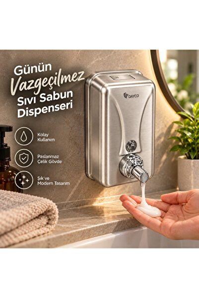 DAYCO Paslanmaz Çelik Sıvı Sabun/Köpük Dispenseri 500 ml / 1000 ml Duvara Monte Sabunluk