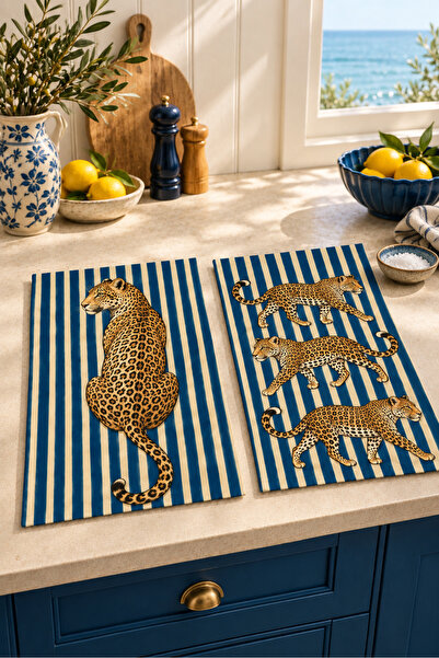 Evmila Leopard Line Striped Leopard Patterned 2-Piece Kitchen Towel Set 35X55