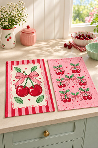 Evmila Cherry Bow Cherry and Bow Patterned 2-Piece Kitchen Towel Set 35X55