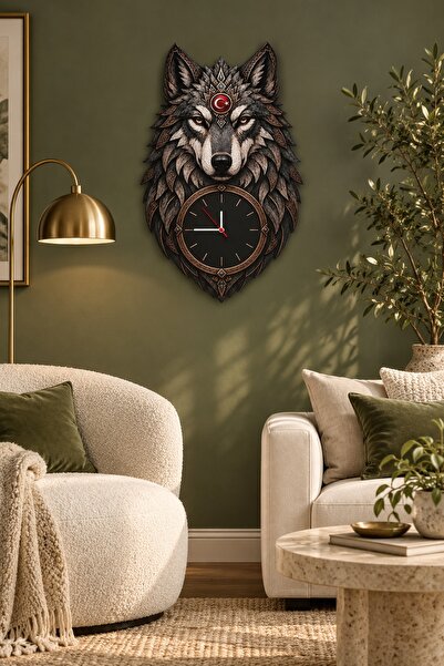 Genel Markalar Ponipanda Bozkurt Figürlü Dekoratif Duvar Saati – 42 × 71 cm