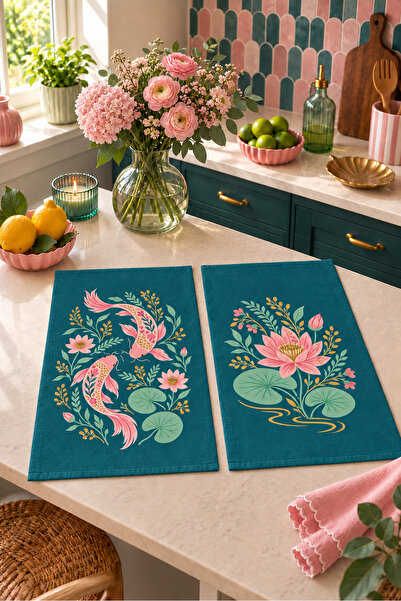 Evmila Carp Pond Petrol Green Pink Carp and Lotus Patterned 2-Piece Kitchen T...