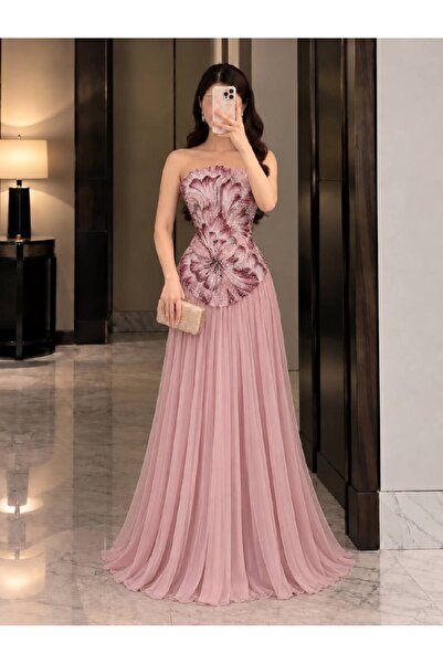 Calissa Store فستان سهرة سماوي بكورسيه مطرز وتنورة شيفون بليسيه