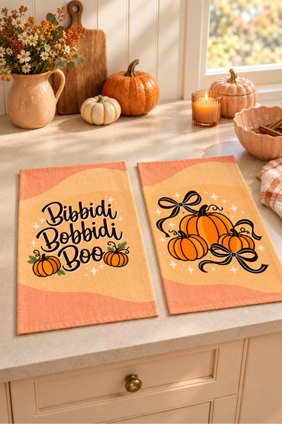 milbaygrup Pumpkin Bow Fiyonk ve Balkabağı Desenli 2'li Mutfak Havlusu Seti 35x55