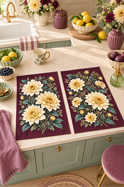 Evmila Set de 2 prosoape de bucătărie cu model Dahlia Plum Star Flower 35x55