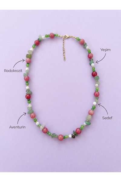 ILSA Rodokrozite and Aventurine Natural Stone Necklace - with Jade and Pearlescent Beads
