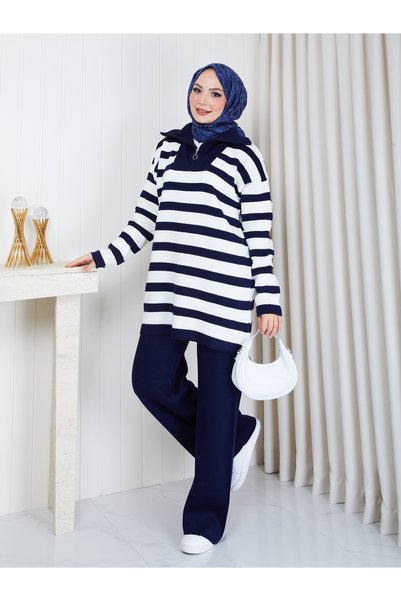 EFSUN MODA Women's Striped Zippered Oversize Knitwear Set