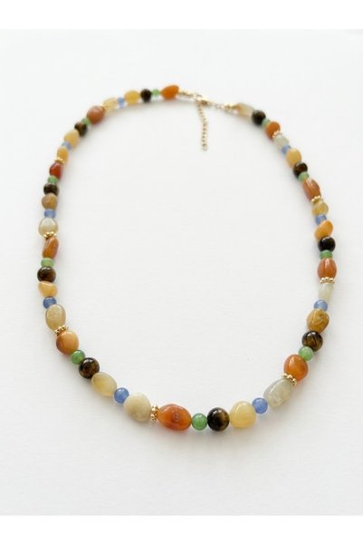 ILSA Carnelian and Tiger's Eye Natural Stone Necklace - Yellow Agate, Chalcedony, Jade Beaded |   Autumn