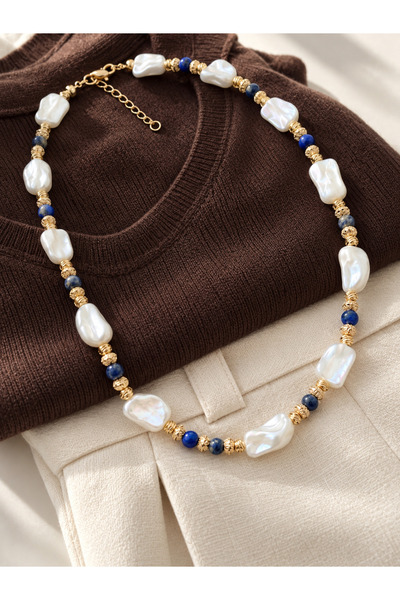 ILSA Pearl-Looking Baroque Necklace - Lapis Lazuli Natural Stone, with Gold C...