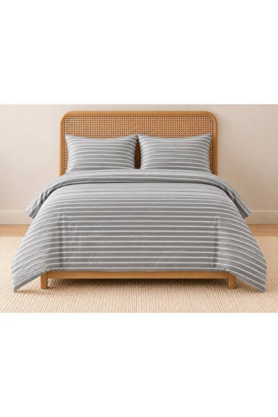 meressa home طقم غطاء لحاف مصنوع من 80% قطن مع ملاءة مطاطية مخططة (مقاس 200x220 سم).