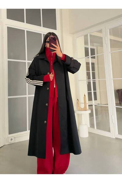 MAESTRO WOMAN Kadın Siyah Şeritli Oversize Cepli Trençkot