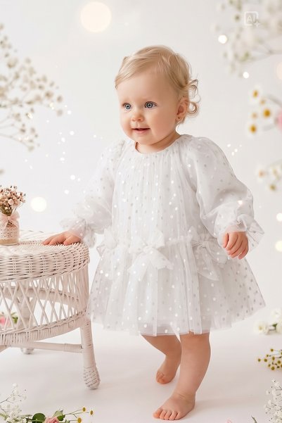 ALYRA Baby Girl Cotton Polka Dot Tulle Tutu Dress Long Sleeve with Bow Birthday Holiday Wedding Party Special Occasion Dress 6-24 Months