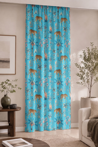 Home Leopar ve Tropikal Palmiye Desenli Dijital Baskılı Tek Kanat Fon Perde (...