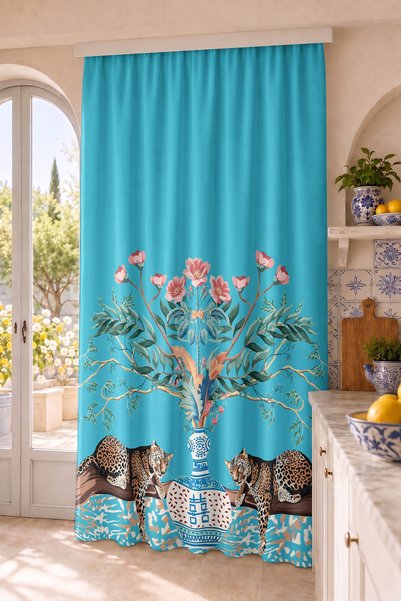 Home Leoparlı Çiçekli Vazo Desenli Dijital Baskılı Tek Kanat Fon Perde (Kırle...
