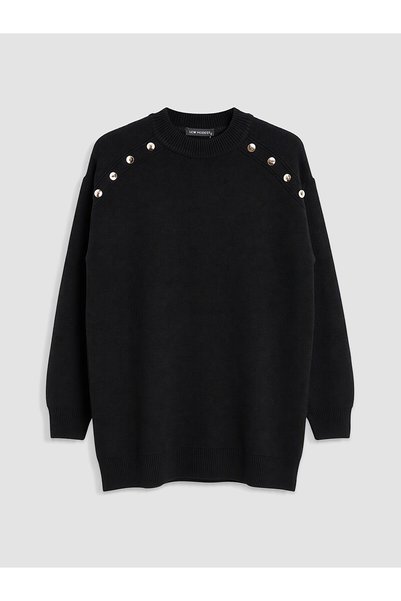 LC Waikiki Alita City Lcw Modest Black Knitwear Plain Oval Neck Women's Tunic...