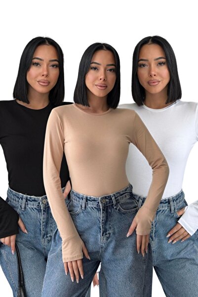 Lunamiratto Women's Finger Detailed 3-Piece Crew Neck Black White Beige Finge...