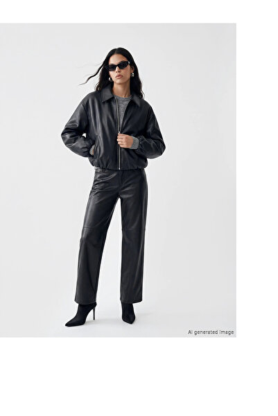 LC Waikiki Jachetă bomber oversize pentru femei, cu aspect de piele, LCW Vision