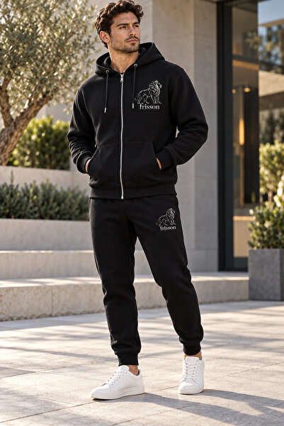 Frisson Lion Silhouette Printed Zippered Hooded Tracksuit Set
