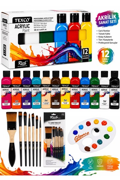 GLANCE Texco Akrilik Boya Seti 12 Renk 130 ML Canlı Renkler Rich Karma Fırça Seti 7li Set