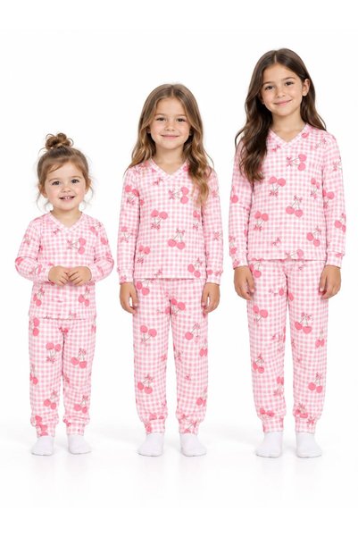 BY WORRN Girl's Pink Polka Dot Cherry Patterned Long Sleeve Pajama Set