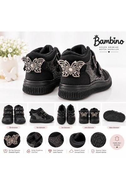 bambino kids shoes Girls' Black Velcro Fastened Butterfly Detail Warm Lining Boots Booties