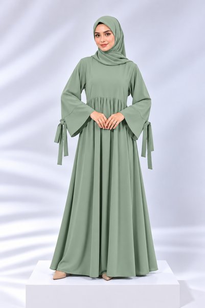Ophelia Refka Crew Neck Tie-Cuff Detail Modest Casual Maxi Dress with Hiijab