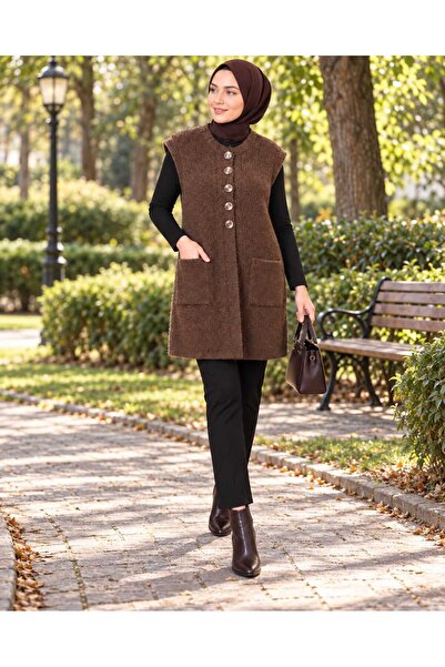 KMKkombin Women's Long Tunic Vest with Buttoned Pockets