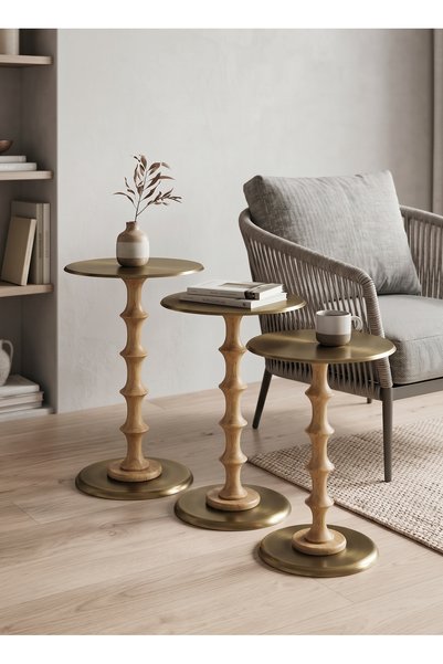Modern 3’lü Ahşap Zigon Sehpa Takımı Eskitme Pirinç Kaplama Metal Tablalı 50-55-60 cm