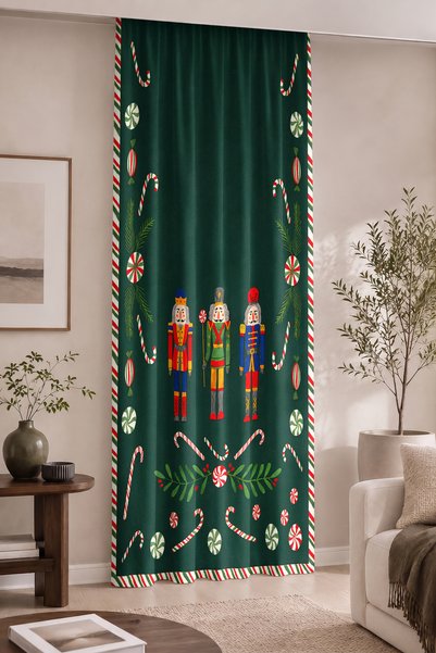 Home Nutcracker Figürlü Şeker Bastonlu Noel Desenli Dijital Baskılı Tek Kanat...