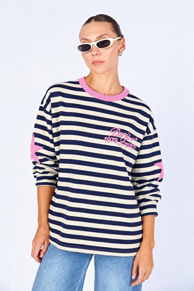 TENA Women's Navy Blue Crew Neck Sweatshirt with Star Print and Text Stripes ...