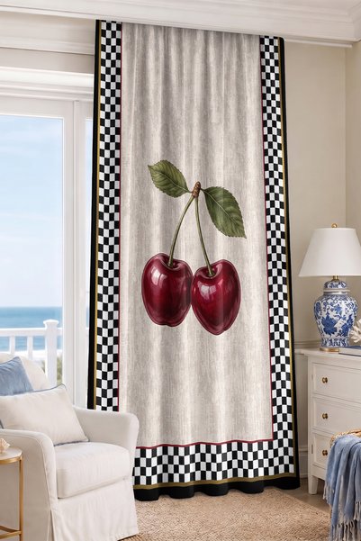 Home Kiraz Desenli Damalı Retro Dijital Baskılı Tek Kanat Fon Perde (Kırlent ...