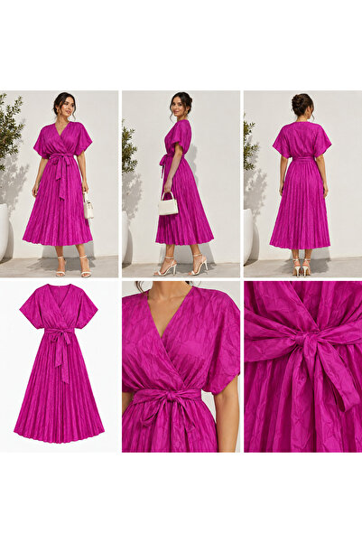 Lara Rochie Dama Midi Roz Fucsia cu Decolteu V, Maneci Scurte si Cordon in Ta...