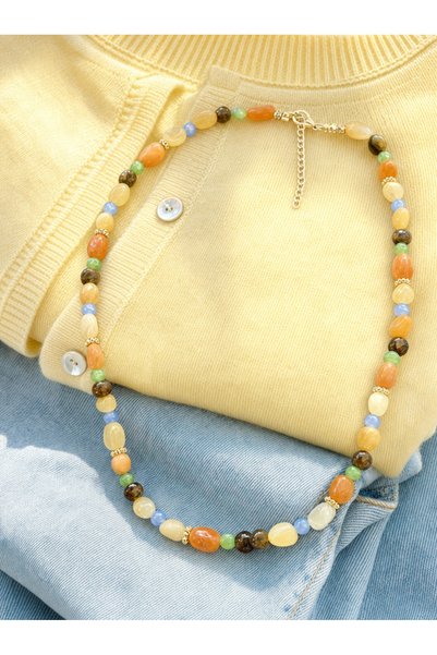 ILSA Carnelian and Tiger's Eye Natural Stone Necklace - Yellow Agate, Chalcedony, Jade Beaded |   Autumn