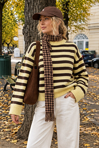 Seeh Pulover de damă oversize cu dungi galbene și guler rotund SH399