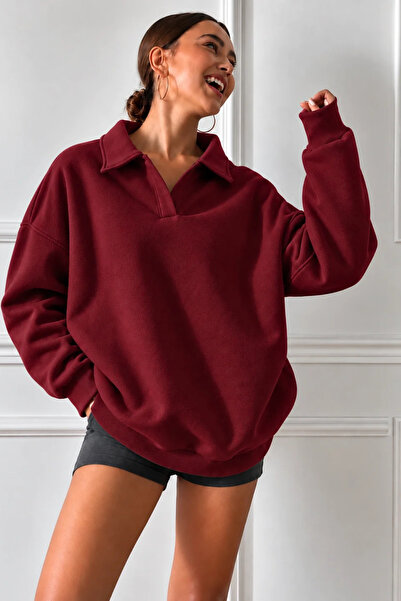 GUARAZ Hanorac oversize din bumbac cu guler polo pentru femei, din material m...