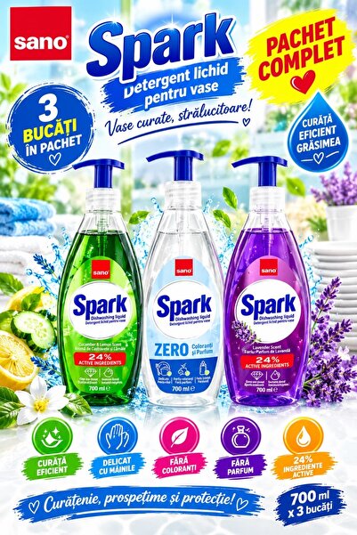 Sano Комплект от 3 броя течен препарат за миене на съдове Spark, 700 мл – Кра...